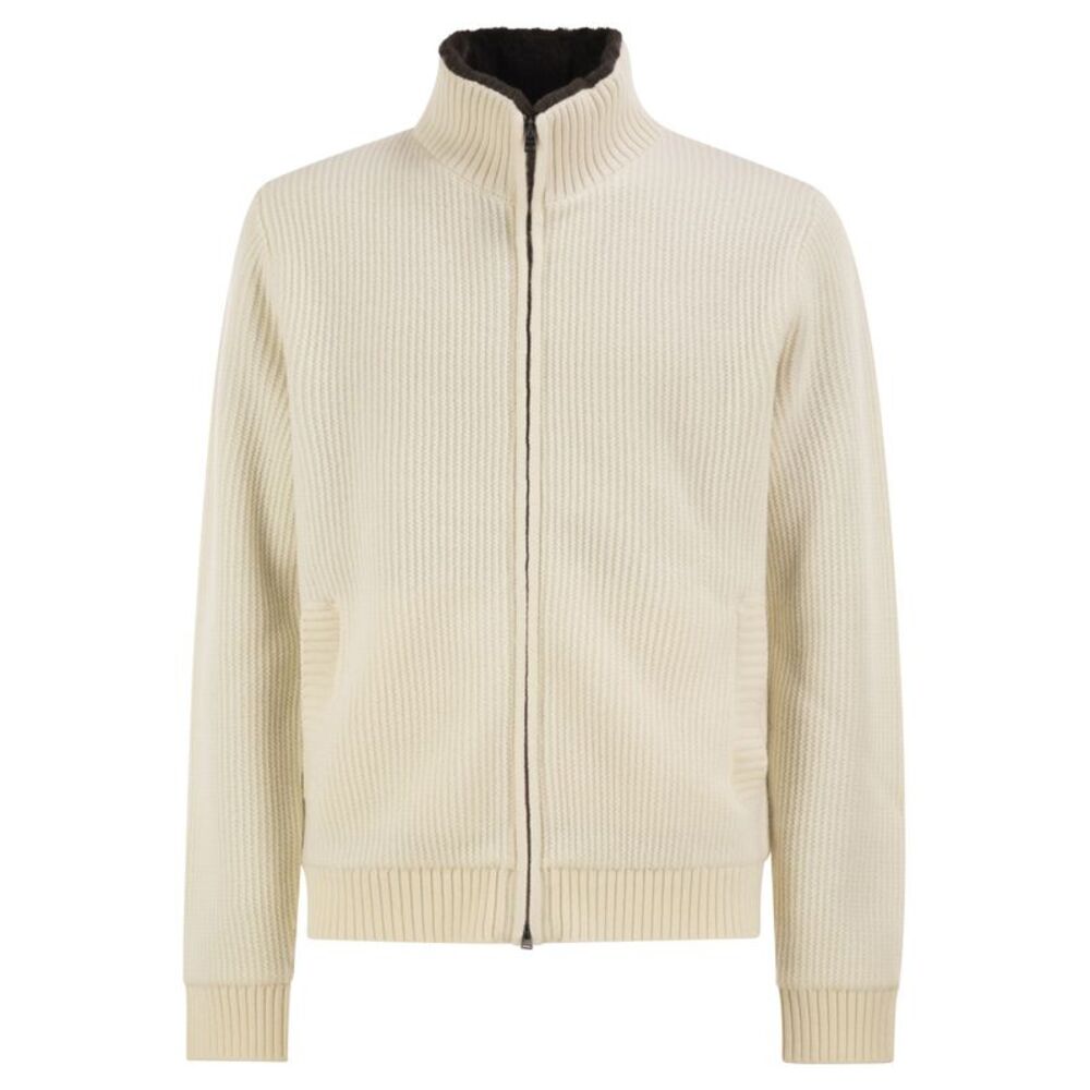 Herno Men Pure Wool Knit Jacket With High Collar And Faux Fur Lining
